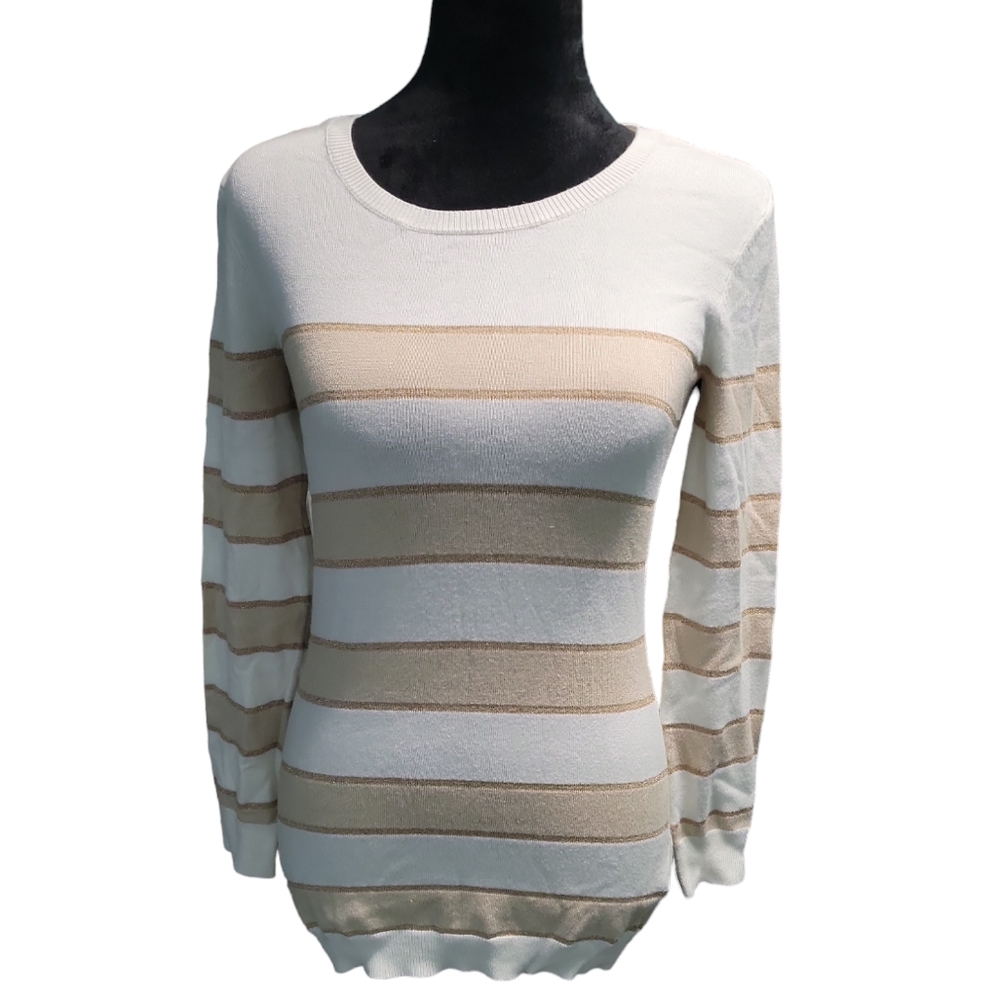 Guess white tan gold long sleeve striped shirt size medium